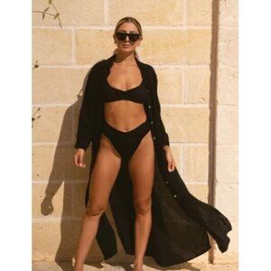 New Londre Button Down Shirt Dress Womens S/M Black Bamboo Rayon Cover Up